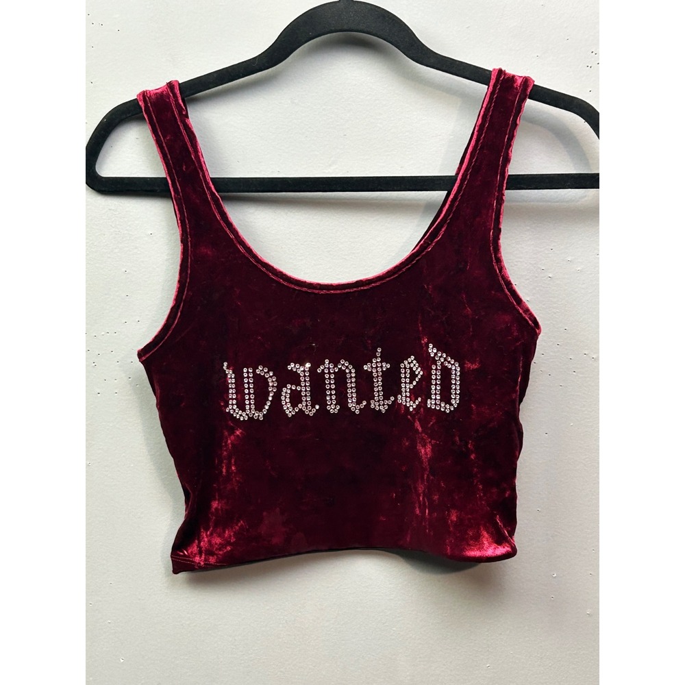 Forever 21 Burgundy Velvet Crop‎ Tank Rhinestone Wanted Graphic S